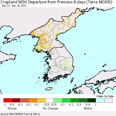 Korea Cropland NDVI Departure from Previous 8-days (Terra-MODIS) Thematic Map For 9/22/2023 - 9/29/2023
