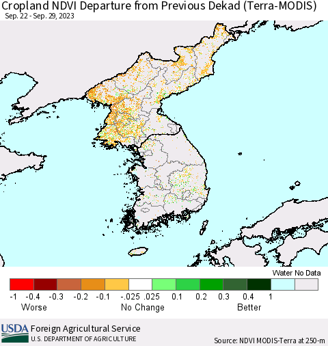 Korea Cropland NDVI Departure from Previous Dekad (Terra-MODIS) Thematic Map For 9/21/2023 - 9/30/2023