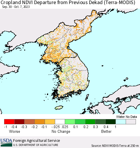 Korea Cropland NDVI Departure from Previous Dekad (Terra-MODIS) Thematic Map For 10/1/2023 - 10/10/2023