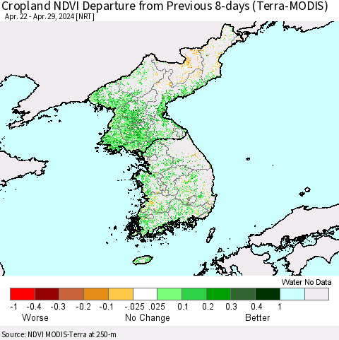 Korea Cropland NDVI Departure from Previous 8-days (Terra-MODIS) Thematic Map For 4/22/2024 - 4/29/2024