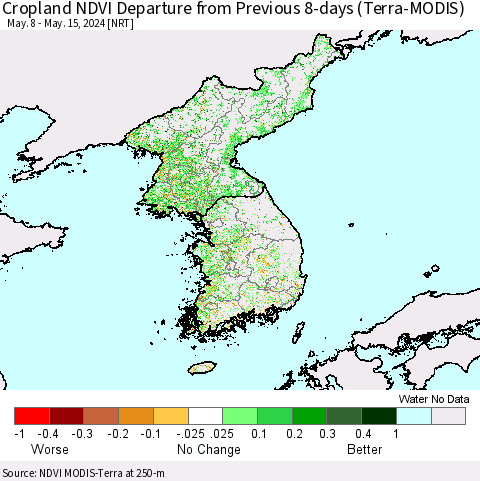 Korea Cropland NDVI Departure from Previous 8-days (Terra-MODIS) Thematic Map For 5/8/2024 - 5/15/2024