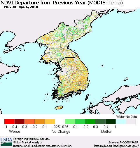 Korea NDVI Departure from Previous Year (Terra-MODIS) Thematic Map For 4/1/2018 - 4/10/2018