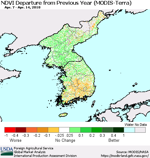 Korea NDVI Departure from Previous Year (Terra-MODIS) Thematic Map For 4/11/2018 - 4/20/2018