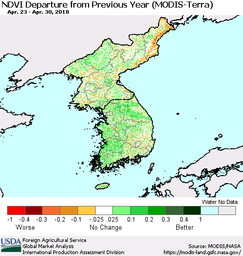 Korea NDVI Departure from Previous Year (Terra-MODIS) Thematic Map For 4/21/2018 - 4/30/2018