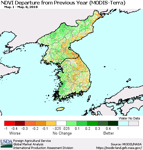 Korea NDVI Departure from Previous Year (Terra-MODIS) Thematic Map For 5/1/2018 - 5/10/2018