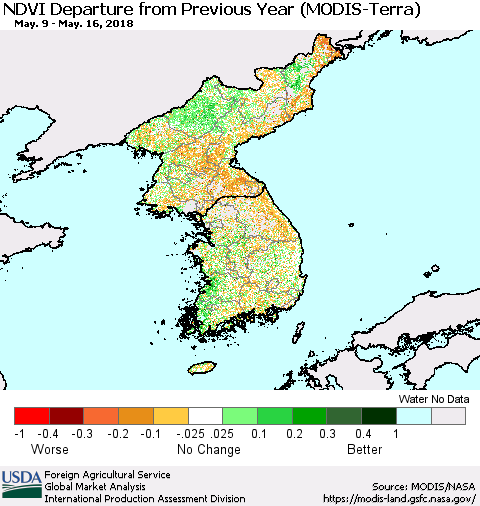 Korea NDVI Departure from Previous Year (Terra-MODIS) Thematic Map For 5/11/2018 - 5/20/2018
