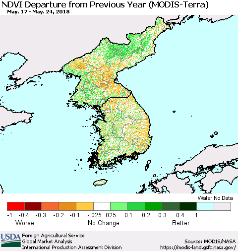 Korea NDVI Departure from Previous Year (Terra-MODIS) Thematic Map For 5/21/2018 - 5/31/2018
