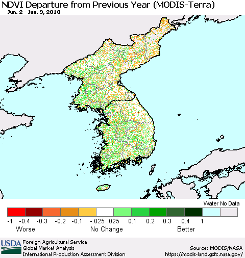 Korea NDVI Departure from Previous Year (Terra-MODIS) Thematic Map For 6/1/2018 - 6/10/2018