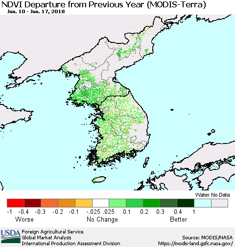 Korea NDVI Departure from Previous Year (Terra-MODIS) Thematic Map For 6/11/2018 - 6/20/2018