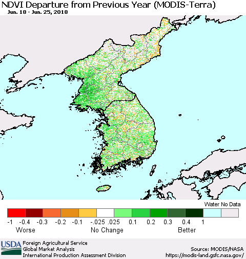 Korea NDVI Departure from Previous Year (Terra-MODIS) Thematic Map For 6/21/2018 - 6/30/2018