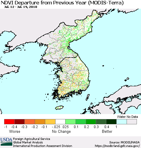 Korea NDVI Departure from Previous Year (Terra-MODIS) Thematic Map For 7/11/2018 - 7/20/2018