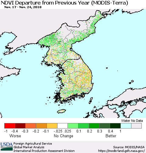 Korea NDVI Departure from Previous Year (Terra-MODIS) Thematic Map For 11/21/2018 - 11/30/2018