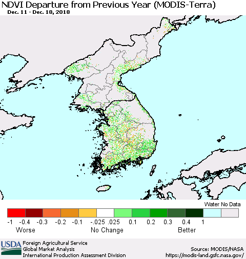 Korea NDVI Departure from Previous Year (Terra-MODIS) Thematic Map For 12/11/2018 - 12/20/2018