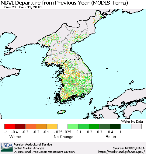 Korea NDVI Departure from Previous Year (Terra-MODIS) Thematic Map For 12/21/2018 - 12/31/2018