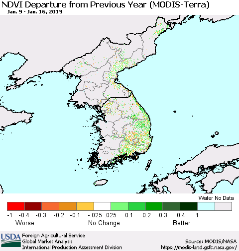Korea NDVI Departure from Previous Year (Terra-MODIS) Thematic Map For 1/11/2019 - 1/20/2019