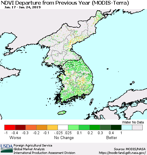 Korea NDVI Departure from Previous Year (Terra-MODIS) Thematic Map For 1/21/2019 - 1/31/2019