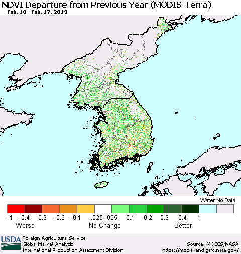 Korea NDVI Departure from Previous Year (Terra-MODIS) Thematic Map For 2/11/2019 - 2/20/2019