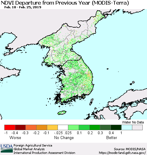 Korea NDVI Departure from Previous Year (Terra-MODIS) Thematic Map For 2/21/2019 - 2/28/2019