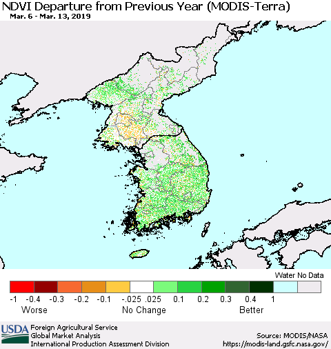 Korea NDVI Departure from Previous Year (Terra-MODIS) Thematic Map For 3/11/2019 - 3/20/2019