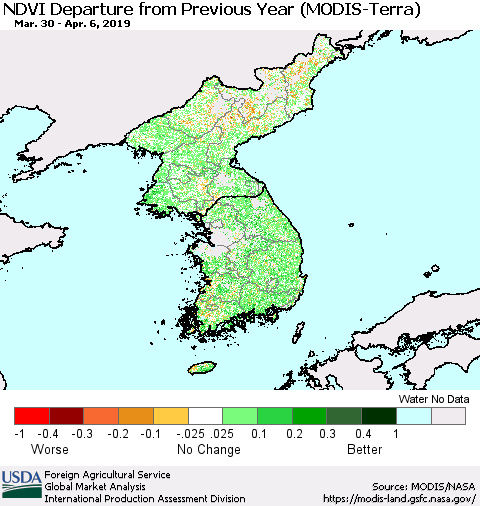 Korea NDVI Departure from Previous Year (Terra-MODIS) Thematic Map For 4/1/2019 - 4/10/2019