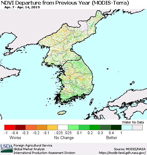 Korea NDVI Departure from Previous Year (Terra-MODIS) Thematic Map For 4/11/2019 - 4/20/2019