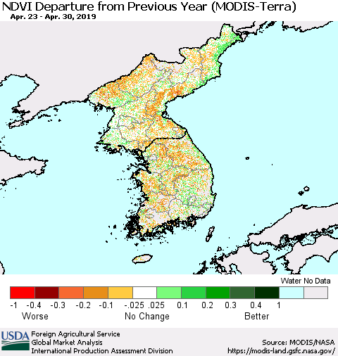 Korea NDVI Departure from Previous Year (Terra-MODIS) Thematic Map For 4/21/2019 - 4/30/2019