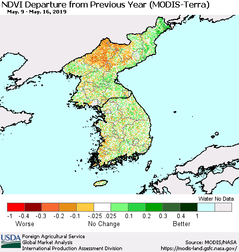 Korea NDVI Departure from Previous Year (Terra-MODIS) Thematic Map For 5/11/2019 - 5/20/2019