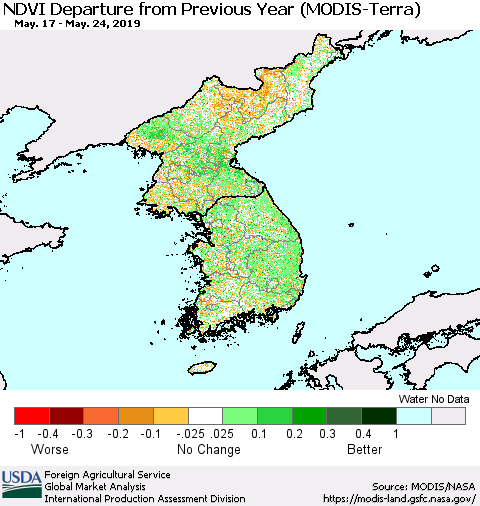 Korea NDVI Departure from Previous Year (Terra-MODIS) Thematic Map For 5/21/2019 - 5/31/2019