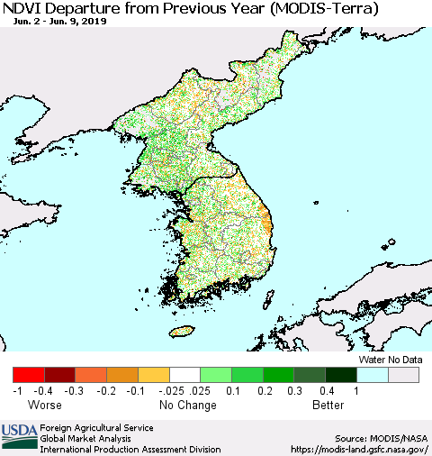 Korea NDVI Departure from Previous Year (Terra-MODIS) Thematic Map For 6/1/2019 - 6/10/2019