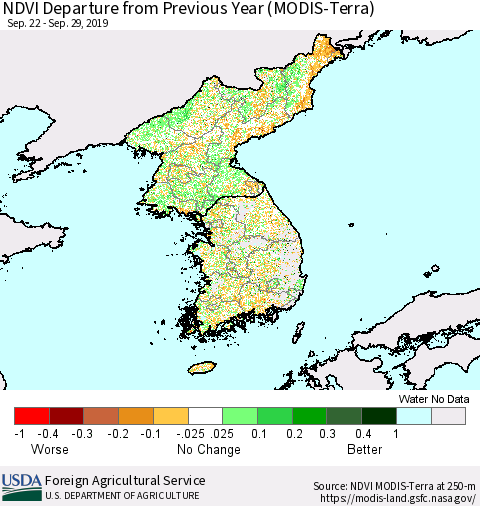 Korea NDVI Departure from Previous Year (Terra-MODIS) Thematic Map For 9/21/2019 - 9/30/2019