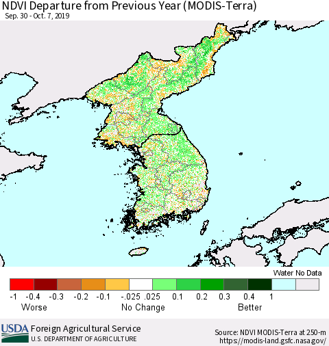 Korea NDVI Departure from Previous Year (Terra-MODIS) Thematic Map For 10/1/2019 - 10/10/2019