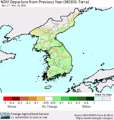 Korea NDVI Departure from Previous Year (Terra-MODIS) Thematic Map For 11/21/2019 - 11/30/2019