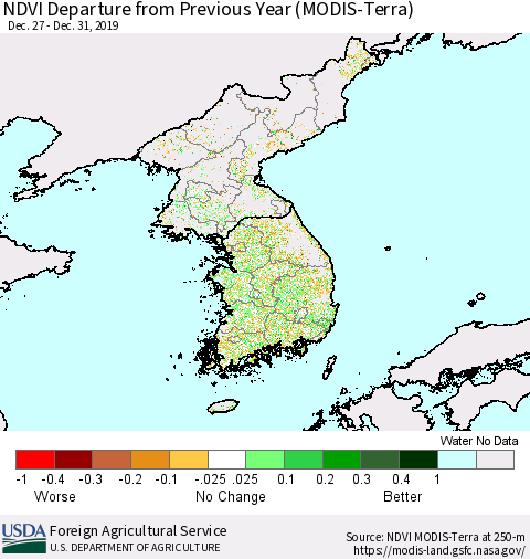 Korea NDVI Departure from Previous Year (Terra-MODIS) Thematic Map For 12/21/2019 - 12/31/2019