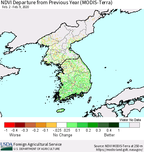 Korea NDVI Departure from Previous Year (Terra-MODIS) Thematic Map For 2/1/2020 - 2/10/2020