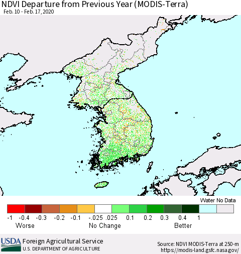 Korea NDVI Departure from Previous Year (Terra-MODIS) Thematic Map For 2/11/2020 - 2/20/2020