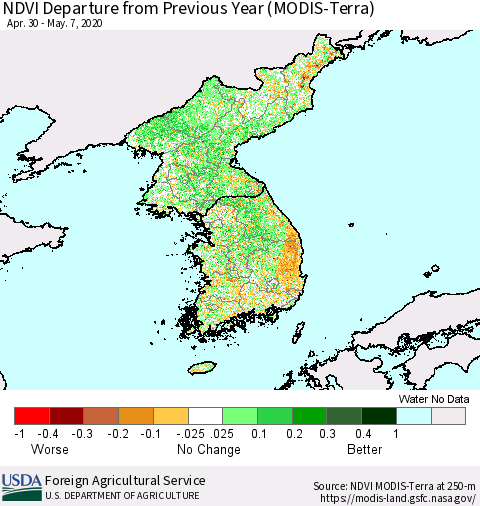 Korea NDVI Departure from Previous Year (Terra-MODIS) Thematic Map For 5/1/2020 - 5/10/2020
