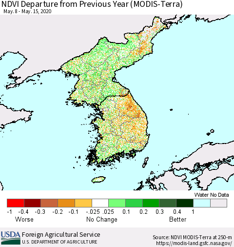 Korea NDVI Departure from Previous Year (Terra-MODIS) Thematic Map For 5/11/2020 - 5/20/2020
