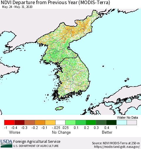 Korea NDVI Departure from Previous Year (Terra-MODIS) Thematic Map For 5/21/2020 - 5/31/2020