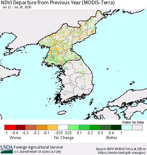 Korea NDVI Departure from Previous Year (Terra-MODIS) Thematic Map For 7/11/2020 - 7/20/2020
