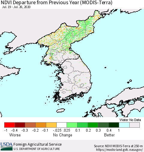 Korea NDVI Departure from Previous Year (Terra-MODIS) Thematic Map For 7/21/2020 - 7/31/2020