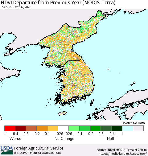 Korea NDVI Departure from Previous Year (Terra-MODIS) Thematic Map For 10/1/2020 - 10/10/2020