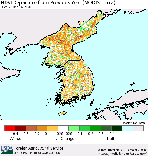 Korea NDVI Departure from Previous Year (Terra-MODIS) Thematic Map For 10/11/2020 - 10/20/2020
