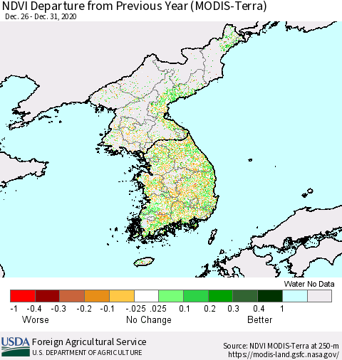 Korea NDVI Departure from Previous Year (Terra-MODIS) Thematic Map For 12/21/2020 - 12/31/2020