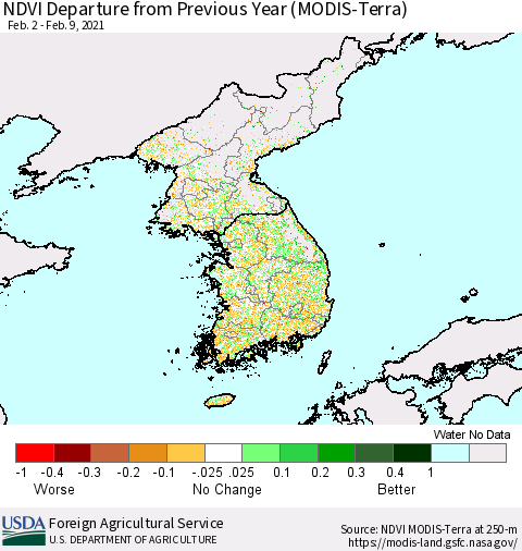 Korea NDVI Departure from Previous Year (Terra-MODIS) Thematic Map For 2/1/2021 - 2/10/2021