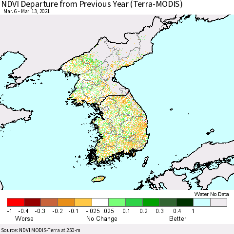 Korea NDVI Departure from Previous Year (Terra-MODIS) Thematic Map For 3/6/2021 - 3/13/2021