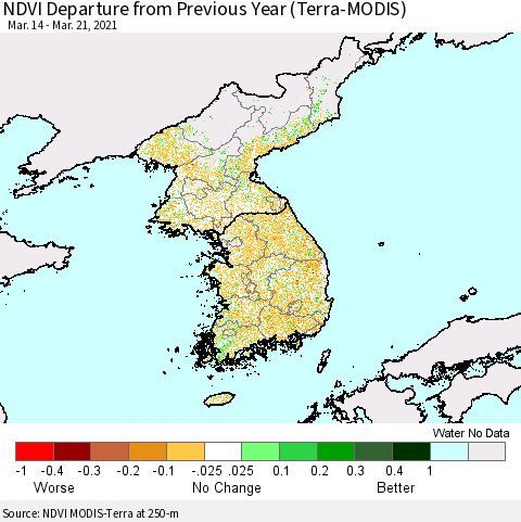 Korea NDVI Departure from Previous Year (Terra-MODIS) Thematic Map For 3/14/2021 - 3/21/2021