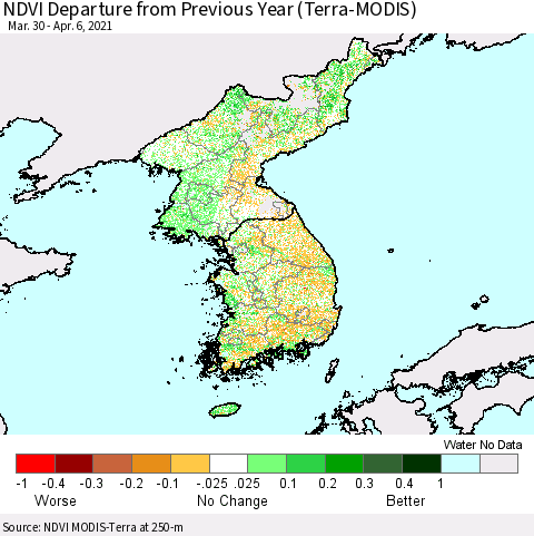 Korea NDVI Departure from Previous Year (Terra-MODIS) Thematic Map For 3/30/2021 - 4/6/2021