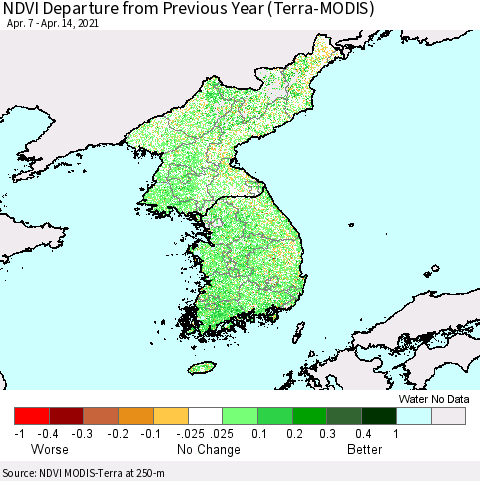 Korea NDVI Departure from Previous Year (Terra-MODIS) Thematic Map For 4/7/2021 - 4/14/2021