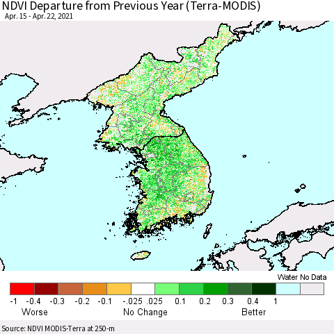 Korea NDVI Departure from Previous Year (Terra-MODIS) Thematic Map For 4/15/2021 - 4/22/2021