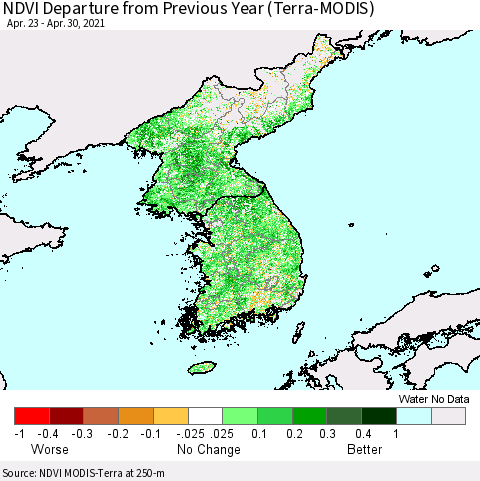 Korea NDVI Departure from Previous Year (Terra-MODIS) Thematic Map For 4/21/2021 - 4/30/2021